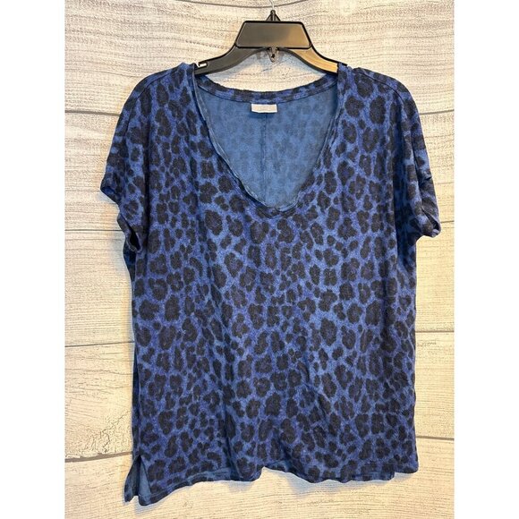 Abound Blue Leopard Print Short Sleeve V-Neck Top Size M - Picture 1 of 3